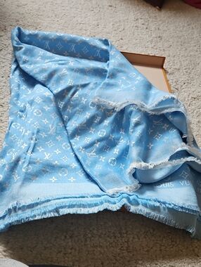 Louis Vuitton Sky Blue Monogram Fringed Shawl
